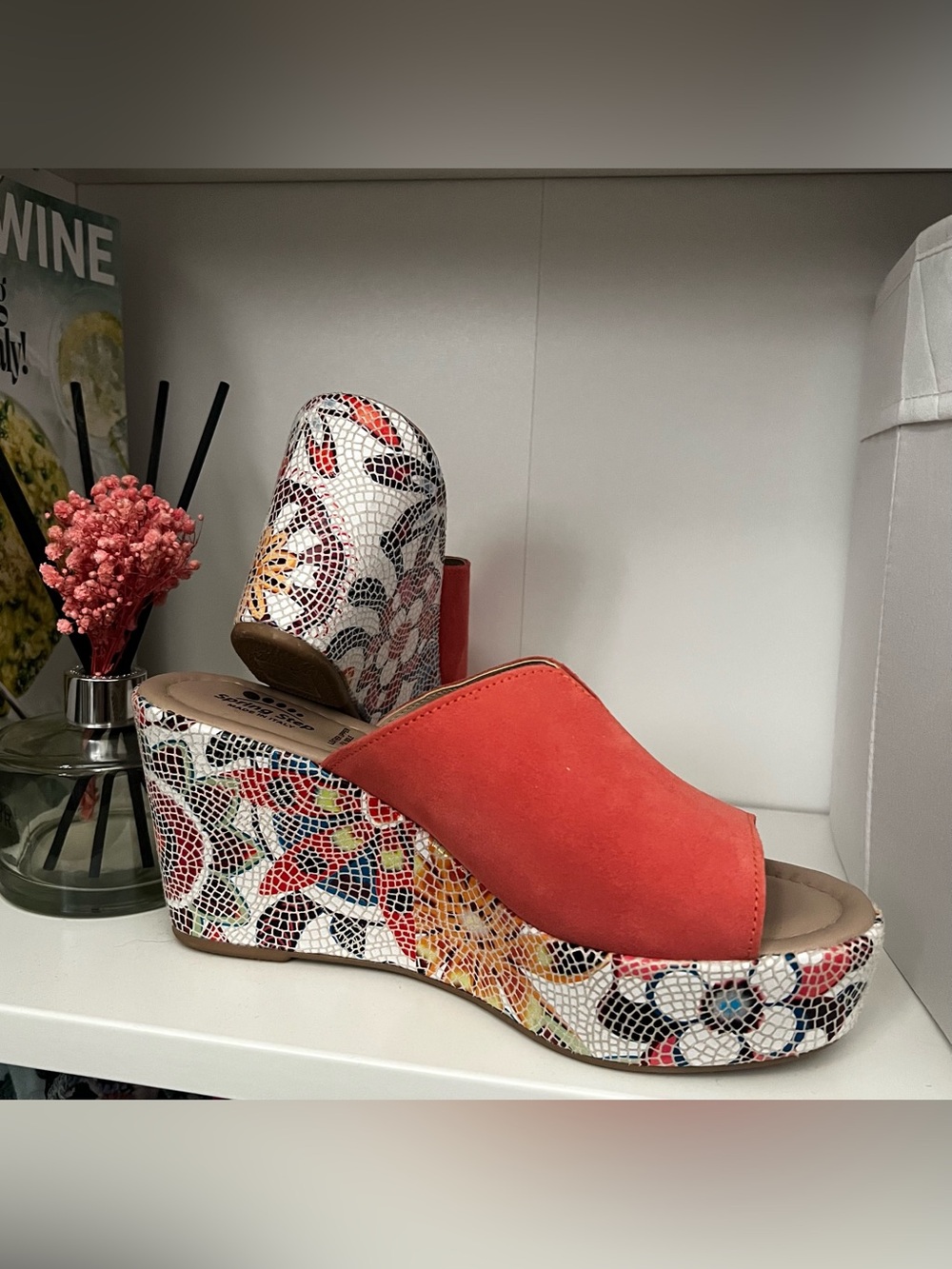 Spring Step Coral Suede Platform Wedge Sandal with Floral Mosaic Heel, sz 39